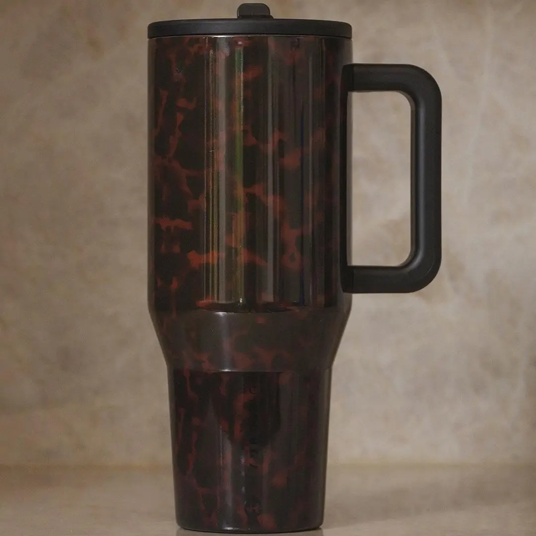 [Limited] Hydrojug Tortoise Shell 40oz Insulated Traveler Tumbler, Fashion Travel Mug With Handle, Lid & Straw, Stainless Steel, Leak Resistant