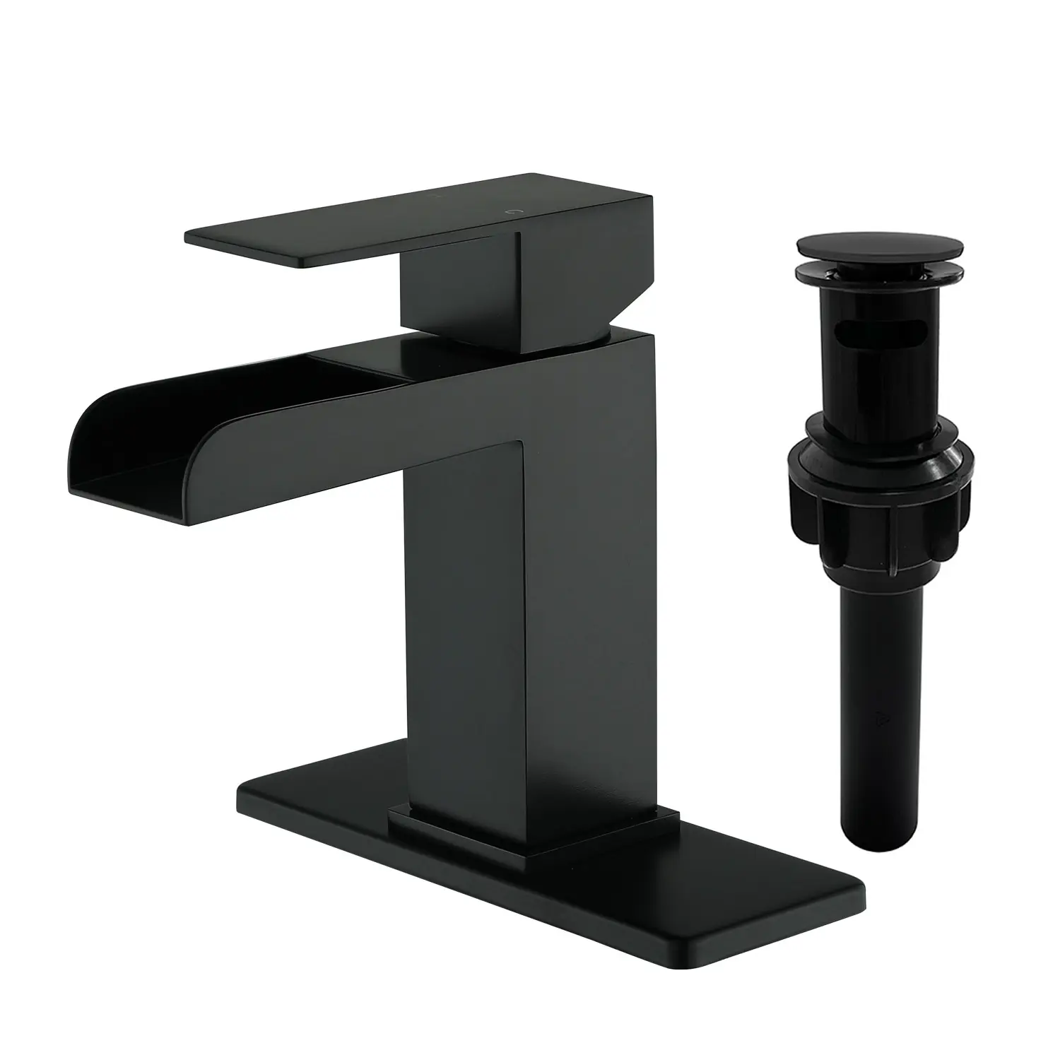 Waterfall Bathroom Faucet, Single Handle Square Sink Faucet with Pop-Up Drain & Deck Plate, Matte Black Brushed Gold Brushed Nickel