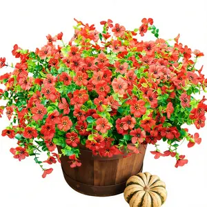 Fall Mums Artificial Flowers for Outdoors Potted, 10 Bundles Fake Fall Daisy Flower with Realistic Eucalyptus Leaves, Fake Plants for Greenery Boxwood Porch Patio Garden Pot Courtyard,Red