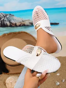 Women's new summer flat sandals, hollow-out design slip-on sandals, Pu Leather Slides, comfortable for daily summer wear, suitable for walking and playing at the beach, fashionable and versatile.