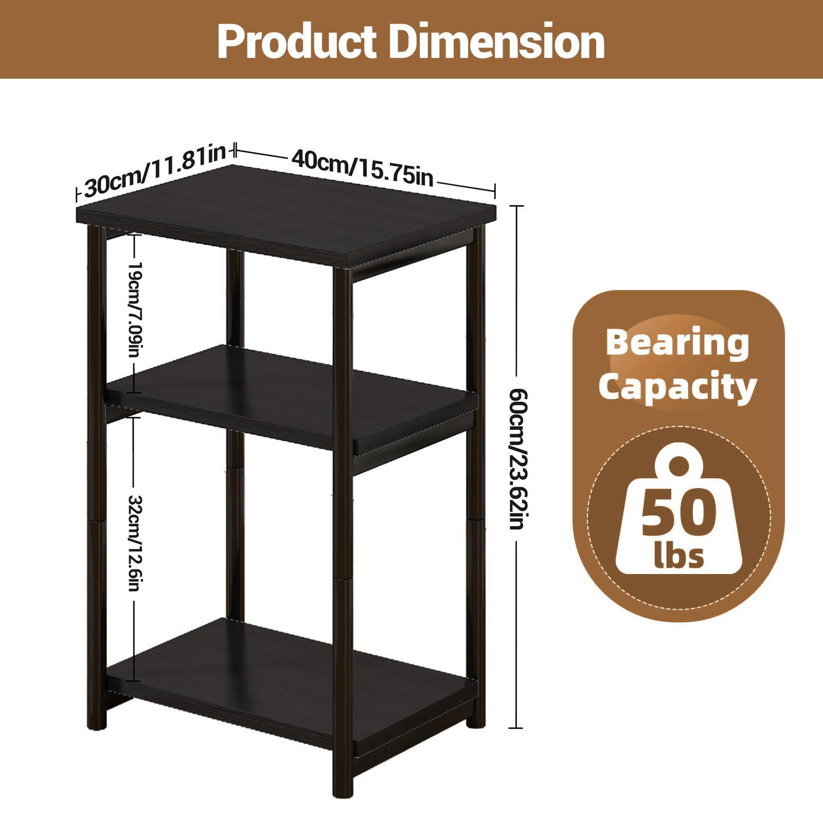 Slim 3-Tier Narrow End Table with Storage Shelves, No Tool Assembly Required, Sturdy Metal & Wood Side Table with Non-Toxic Smooth MDF Tabletop, Space-Saving for Small Spaces, Living Room Bedroom Office Furniture