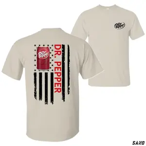 Dr. Pepper T-Shirt – Bold Red Can Graphic with Grunge American Flag , Vertical "Dr. Pepper" Text, Retro Soda Style, Unisex T-Shirt, Patriotic Vibes, Great for Soda Lovers and USA Fans, Cotton, Menswear, Tops