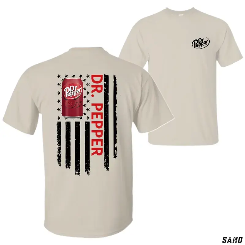 Dr. Pepper T-Shirt – Bold Red Can Graphic with Grunge American Flag , Vertical "Dr. Pepper" Text, Retro Soda Style, Unisex T-Shirt, Patriotic Vibes, Great for Soda Lovers and USA Fans, Cotton, Menswear, Tops