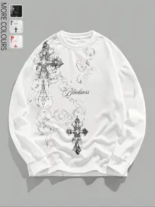 Men's Waffle Fabric Gothic Cross Print Hoodie, Casual Fitted Fall & Winter Sweatshirt, and Colors Available