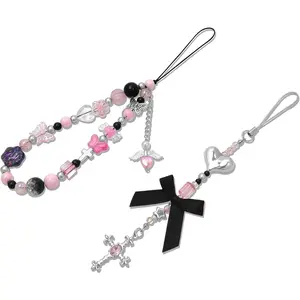 2 Pack Cute Aesthetic Beaded Phone Charm Strap Phone Lanyard String Phone Chain Accessories for Bag Keychain Airpods Camera Pendants
