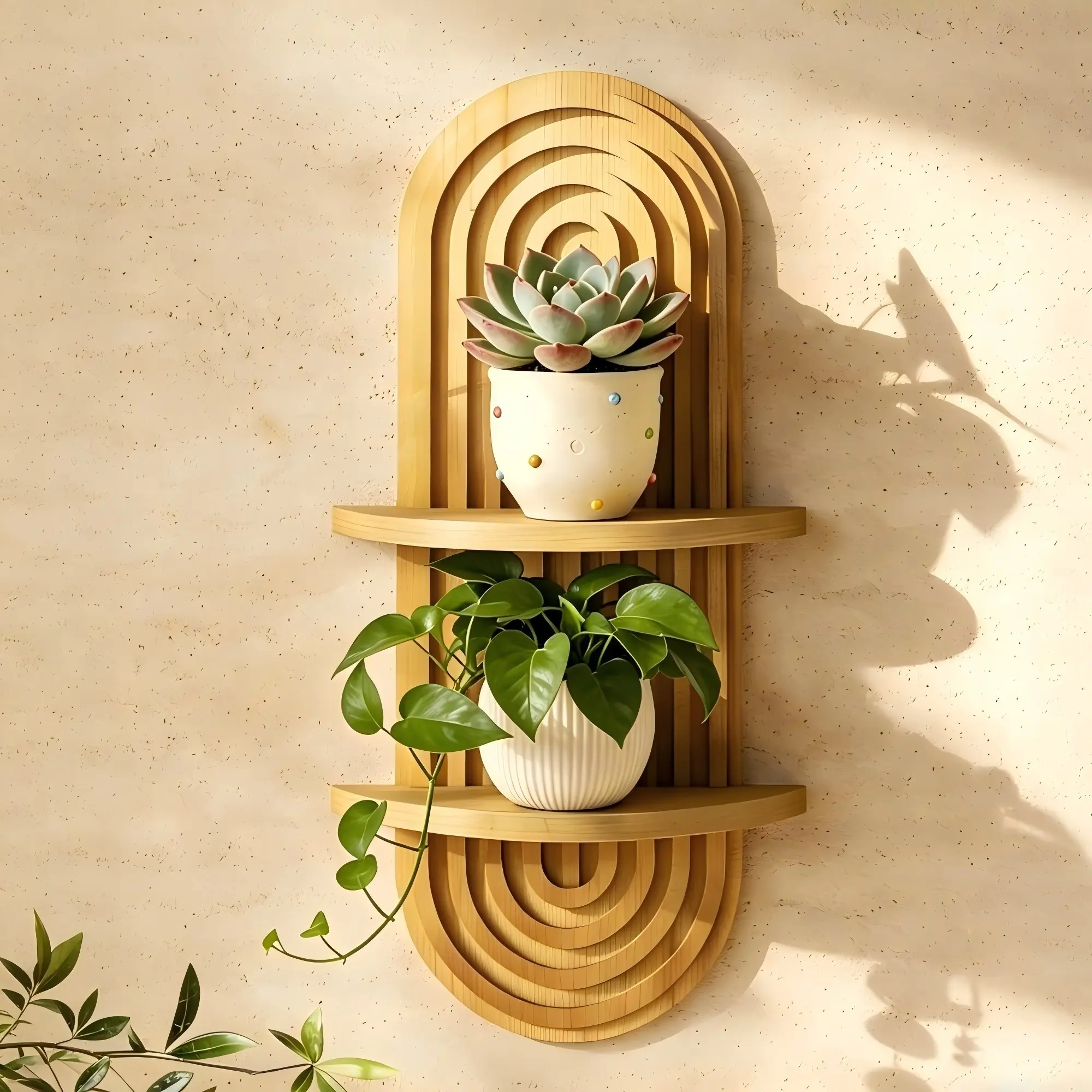 Bohemian Wall Decor Plant Rack, Medieval Modern Hanging Planter Stand, Two-Tier Wooden Floating Shelf, Wall Mounted Shelf, Wall Mount Design, Natural Color, Home Decor, Vintage Home Decor, Room Decor
