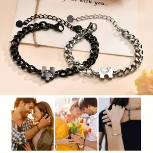 2PCS Stainless Steel Matching Bracelets for Couples, Long Distance Relationship Gifts Puzzle Heart Fashion Accessories, Suitable for Bf Gf Husband Wife Anniversary Promise Gift Permanent Jewelry Chain