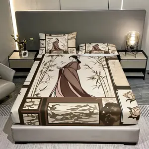 Valentine's Day Oriental Romance Bedding Set, Traditional Geisha & Bamboo Design, Includes 1 Fitted Sheet and 2 Pillowcases, No Pillows Included