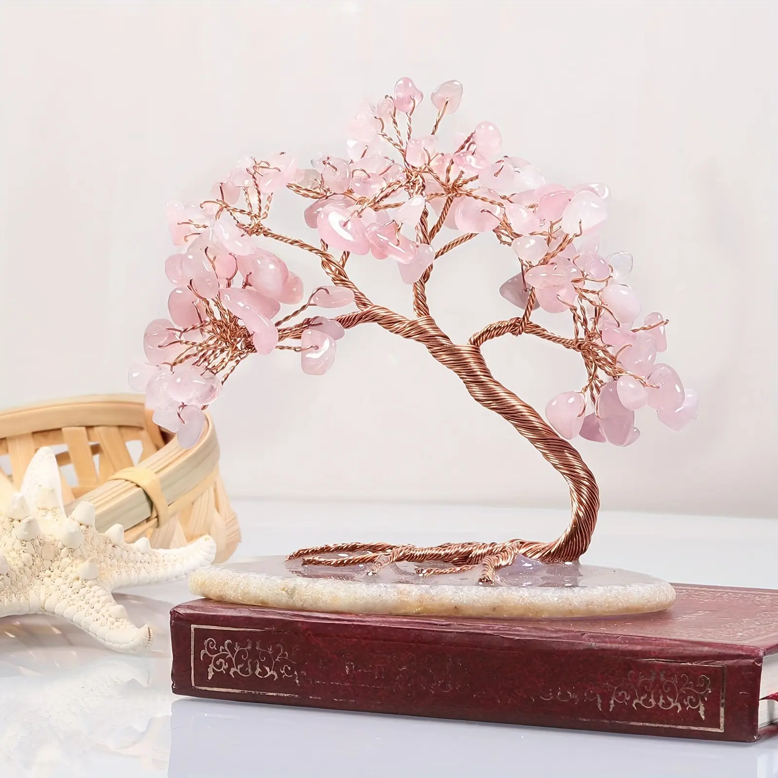 Natural Crystal Rose Quartz Bonsai Tree Figurine with Agate Slice Base, Handmade Gemstone Money Tree Sculpture, Desktop Decoration & Gift, Quartz Crystals, Unique Crystals, Crystal Decorative Ornaments, Crystal Figurines