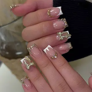 Elegant Press-On Nails, French Edge, Gold Butterfly Design, 24pcs Detachable False Nails, Removable False Nails, Perfect for Weddings, Parties, Office