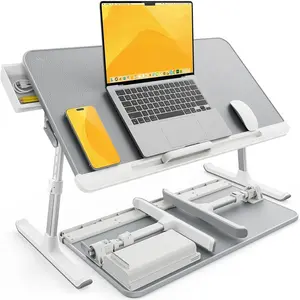 Laptop Bed Tray Table - 23.6" x 13" Adjustable Portable Standing Desk with Storage Drawer, Foldable Lap Desk Fits 17" Laptop, PVC Leather for Couch Sofa (Gray)