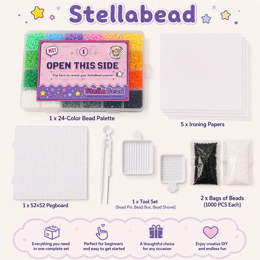 Stellabead Fuse Beads Kit for Art Enthusiasts & Classroom Activities, 24-96 Color Assortment Beading Kit with 52×52 Pegboard, Making Tools, Ironing Paper, Black & White Beads, Better Durability & Finish