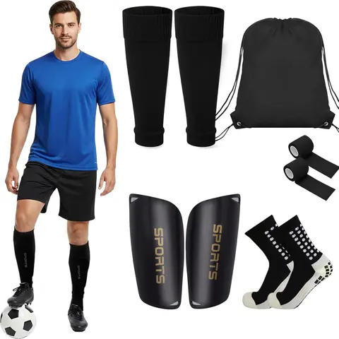 Adult 9-Piece Football Kits - High-Elasticity Fabric, Durable Elasticity Football Shin Guards, Leg Covers, Slip-Free Bandage Fixation Socks, Sports Tape, Adult Training Equipment for Daily Training & Field Sports