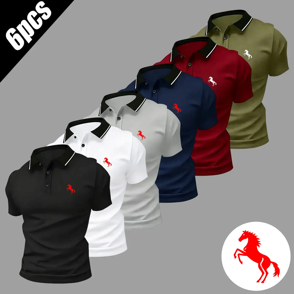 Multi-pack men’s summer polo shirts with a regular, comfortable fit and four-leg horse print; made of polyester, machine washable; casual for vacations and outings—ideal as a summer gift for husband or boyfriend.
