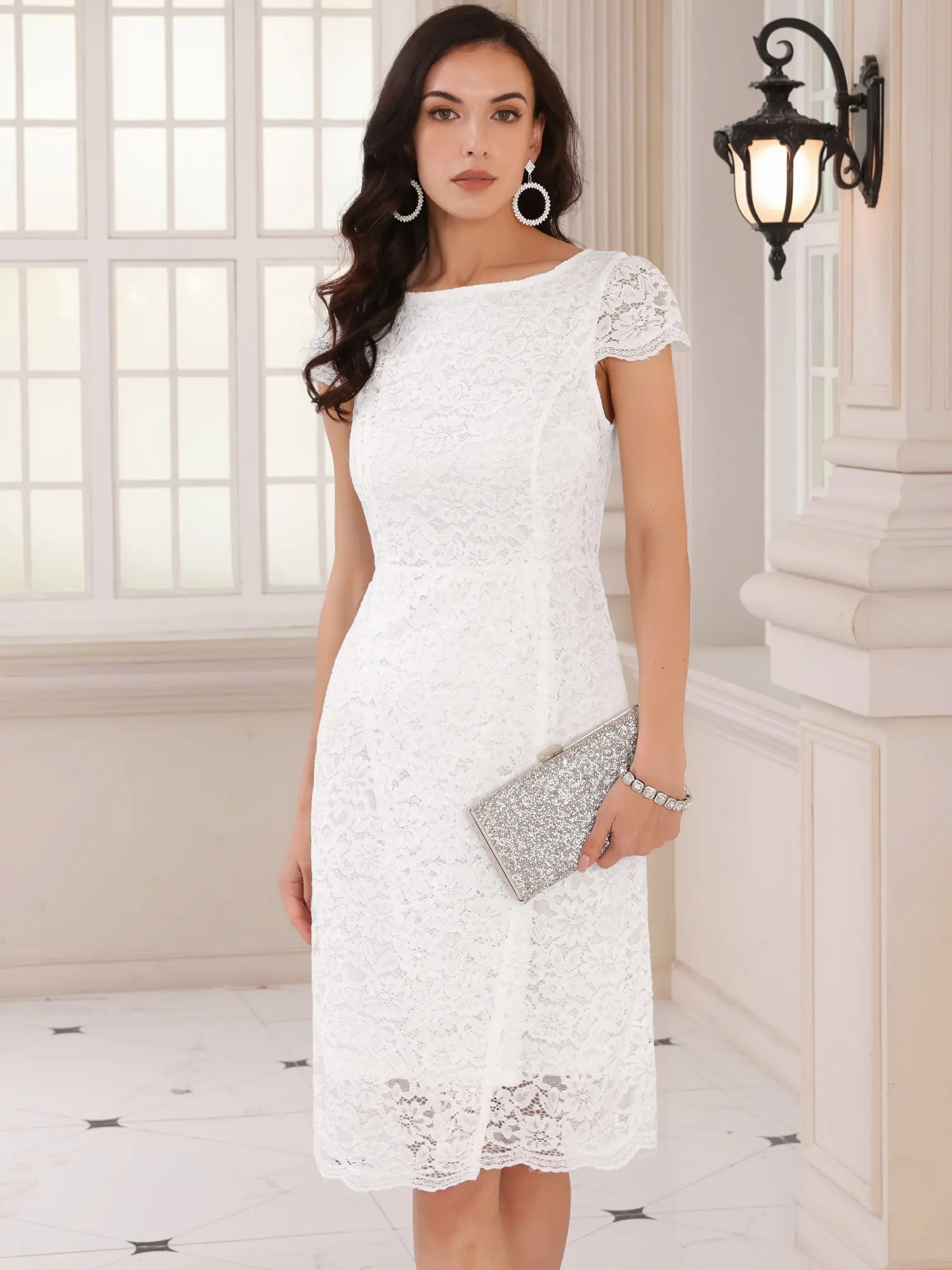 INSPIRE CHIC Women's Floral Lace Dress Cap Sleeve Boat Neck Cocktail Midi Wedding Guest Dresses