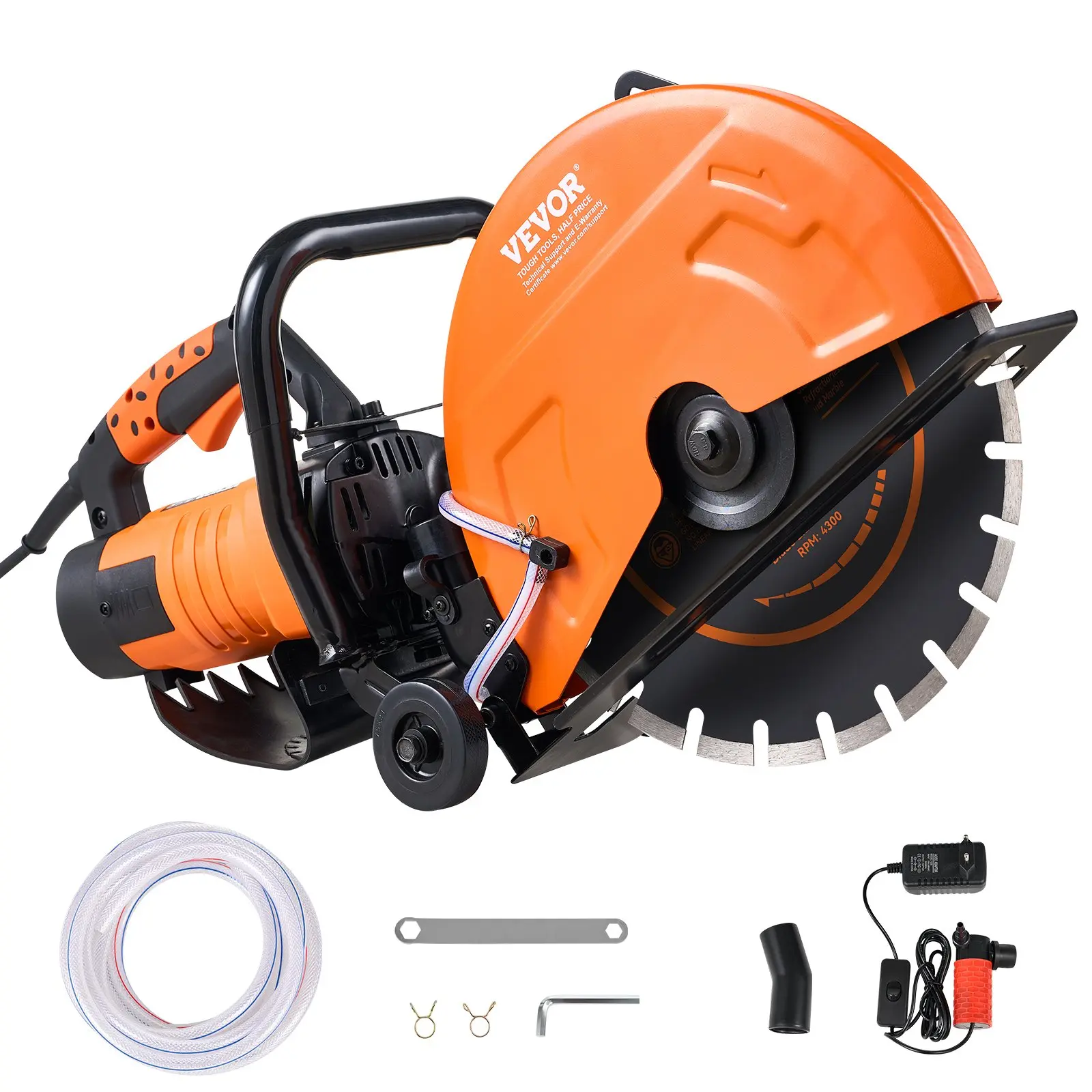 VEVOR Electric Concrete Saw, 14 in, 3200 W Motor Circular Saw Cutter with Max. 5 in Adjustable Cutting Depth, Wet Disk Saw Cutter Includes Water Line, Pump and Blade, for Stone, Brick