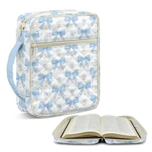 Cute Bow Quilted Bible Cover, Aesthetic Ribbon Embellished Bible Bag with Portable Handle, Multiple Interior Divider Pockets & Pen Slots, Durable Protective Bible Case for Church, Bible Study & Travel, Perfect Christian Gift for Girls & Faith Lovers