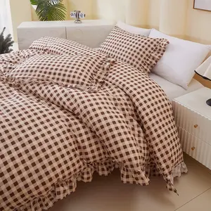 Romantic Plaid Ruffle Bedding Set, Includes 1 Duvet Cover and 2 Pillowcases No Insert, Soft Fabric, Detachable Zipper, All Seasons, Ideal Gift