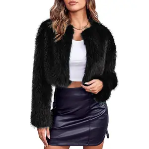 Tankaneo Women's Fashion Cropped Faux Fur Jacket Long Sleeve Open Front Cardigan Casual Fluffy Parka Shaggy Short Coat