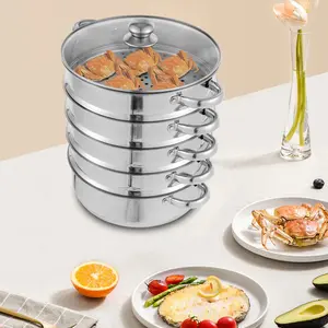 5-Layer Stainless Steel Steamer, 30CM Commercial Food-Grade Steamer Cookware Steaming Pot Tool w/Glass Lid Foods Steamers for Induction Cookers, Electric Ceramic Stoves, Gas Stoves (Silver, 30CM)