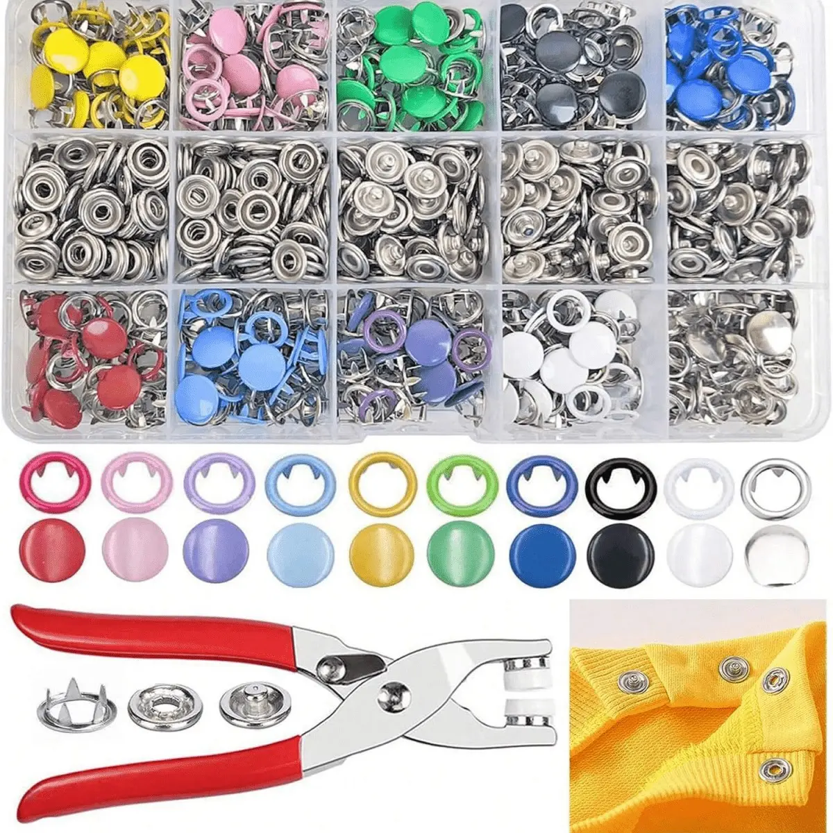 50/100/150/200pcs Colorful Five-Claw Buckle Set with Installation Clamp, No-Sew Press Stud Metal Hidden Snap Buttons, Detachable Buttons, DIY Home Sewing Tool Kit