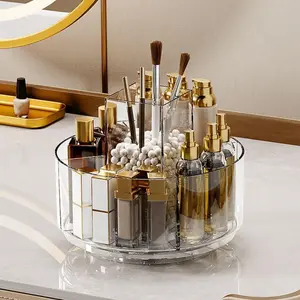 360 Rotating Makeup Organizer Clear Cosmetic Storage Holder Tray with 6 Compartment Makeup Brush Lip Gloss Organizer Case Bathroom Cabinet Vanity Desktop Organizer Clear Boxes