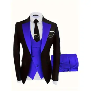 Formal 3 Pieces Set, Men's One Button Suit Jacket & Vest & Pants Suit Set For Business Dinner Wedding Party