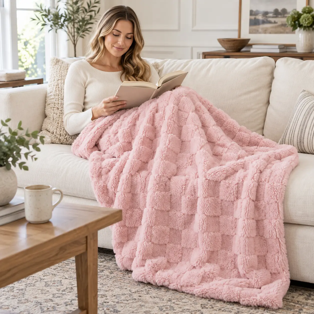 Classic Plaid Checkered Pattern Throw Blanket - 59x51in Home Goods, Polyester Jacquard Woven, Ultra-Soft Fluffy 3D Plush, Girly Vibes, for Sofa & Bed, Blush Pink/Light Gray/Cream White