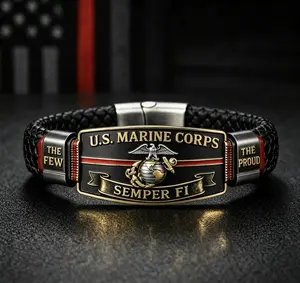 Always A Marine Semper Fi Braided Paracord Bracelet, Engraved Eagle Globe Anchor The Few The Proud USMC Veteran Military Commemorative Wristband Gift For Marines