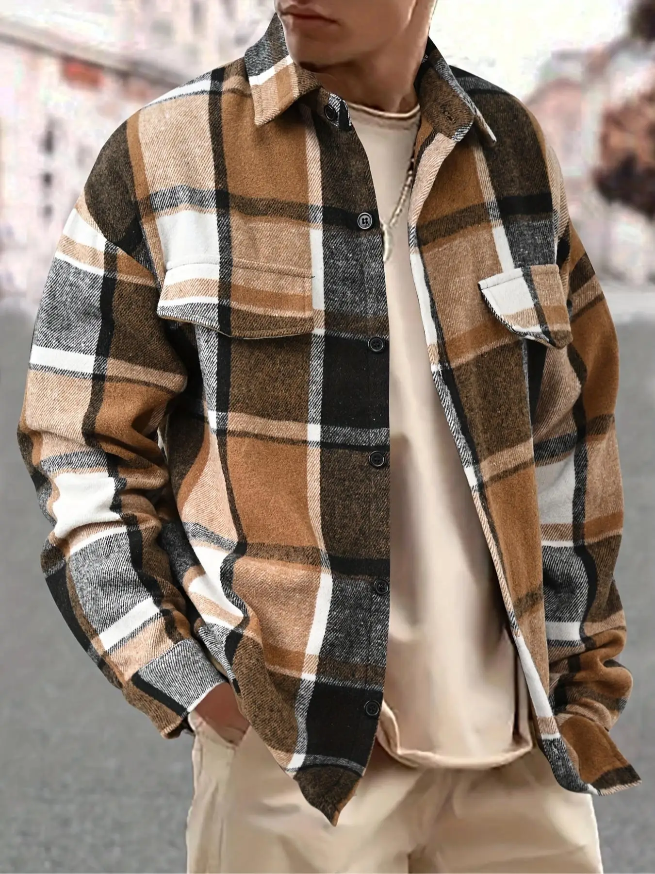 Men's Tartan Print Pocket Jacket Coat, Men's Designer Clothes, Casual Comfy Button Front Coat Outerwear for Fall, Men Going Out Outfits for Daily Wear