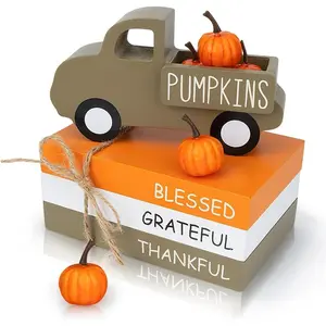 Fall Table Decor, Farmhouse Wooden Fall Signs with Book Stack, 3D Truck and 5 Individual Pumpkins for Tiered Tray, Coffee Bar, Shelf and Mantle Decor - Fall Decorations for Home