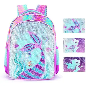 SQ-CPB004 Reversible Sequin School Backpack Lightweight Little Kid Book Bag for Preschool Kindergarten Elementary(17", Mermaid)