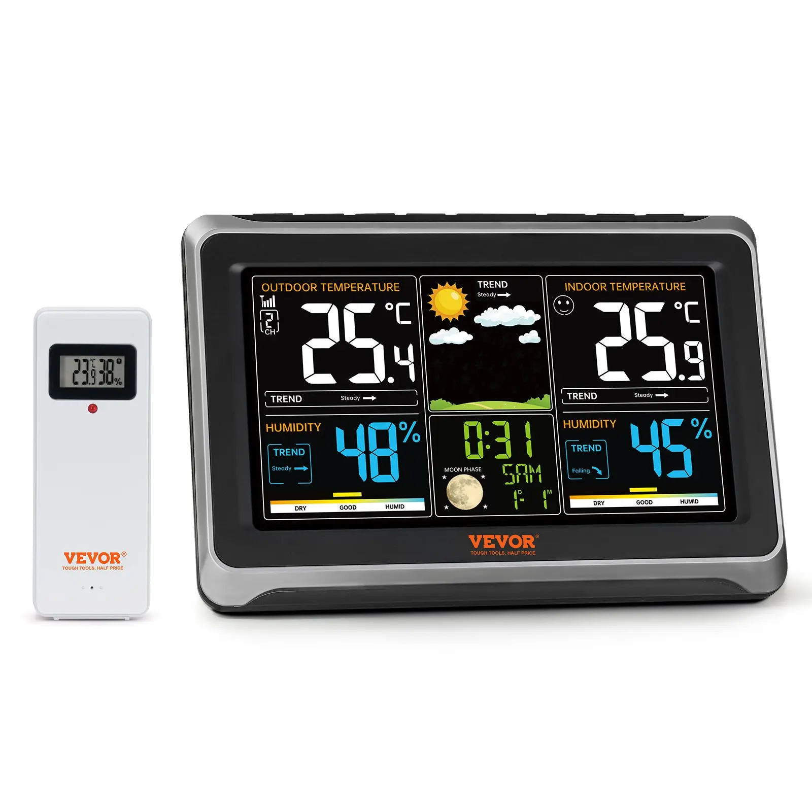VEVOR Wireless Digital Weather Station (No WIFI) - 7.5 in Color Display, Indoor Outdoor Use, Atomic Clock Sensor, Adjustable Backlight, Forecast Data, Calendar Function, Alarm Alert, Automatic Calibrates Time, Travel-Friendly Good Partner for Home Life