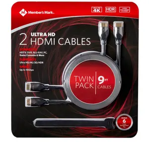 Member's Mark Ultra HD Twin Pack HDMI Cables - 9' Cables for TV, Streaming Devices, Gaming Consoles, 4K, Audio Compatible, Twin Pack
