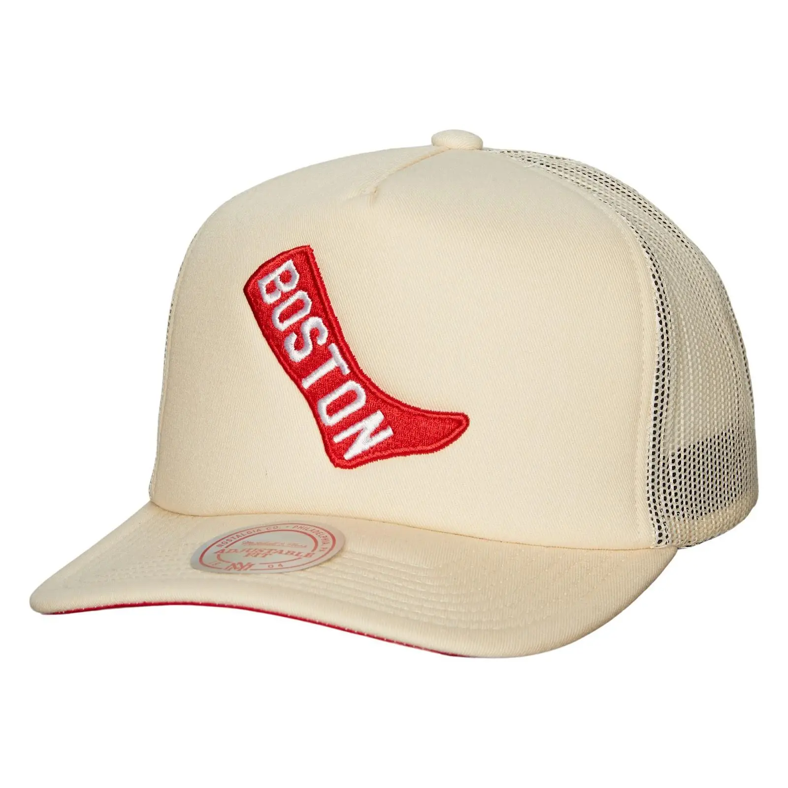 Boston Red Sox Cream Cooperstown Collection Evergreen Trucker Adjustable Hat MLB Throwback Cap Fan Gear Mitchell & Ness