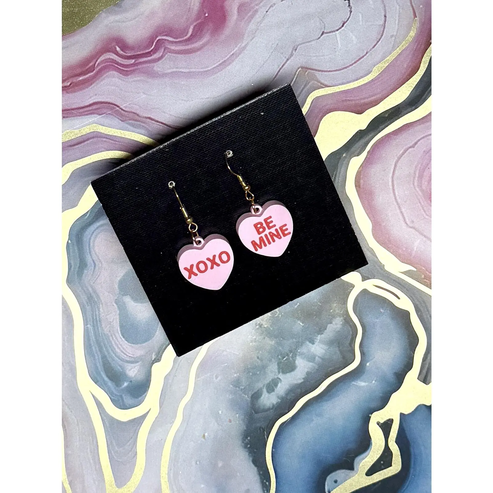 Valentines Day Conversation Heart Earrings - Pink Heart Earrings with Bold Red Lettering, Lightweight, Playful, Perfect for Valentine's Day