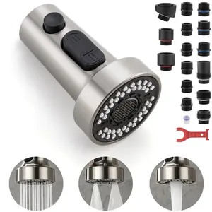 Pull Down Spray Head Replacement - for Kitchen Faucet Sprayer Head with 15 Adapters, 3 Function Pull Out Faucet Spray Nozzle, Brushed Nickel