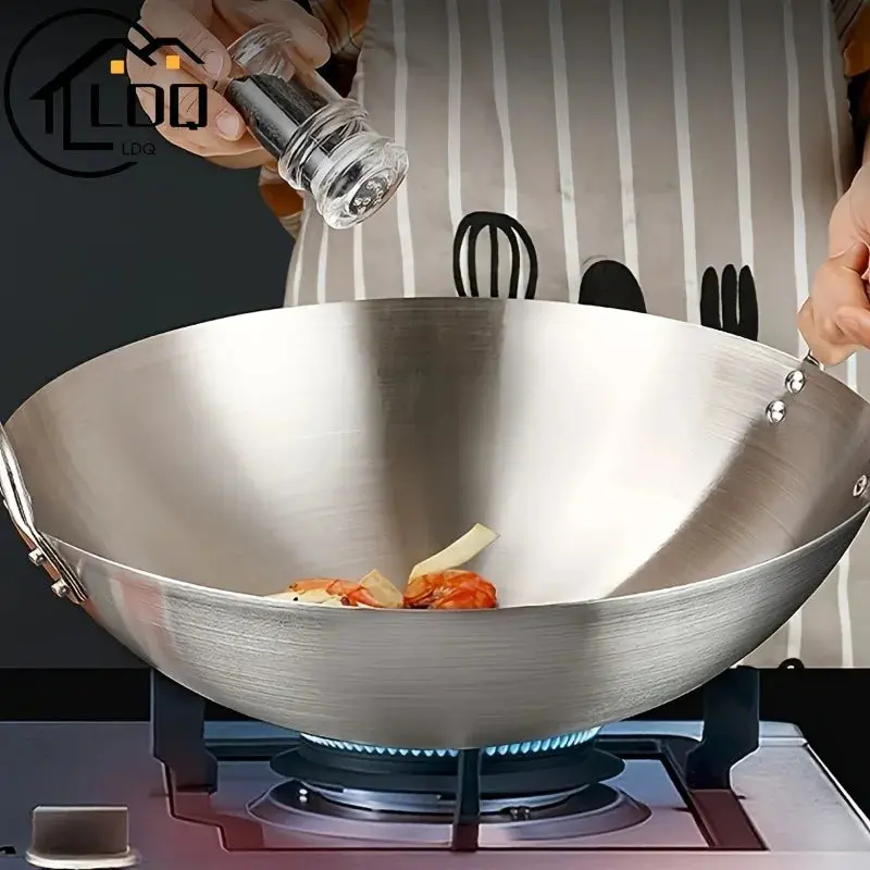 1pc Large Stainless Steel Wok, Uncoated Thick High-Quality Durable Chef'S Pan with Dual Handles, Easy to Clean for Commercial