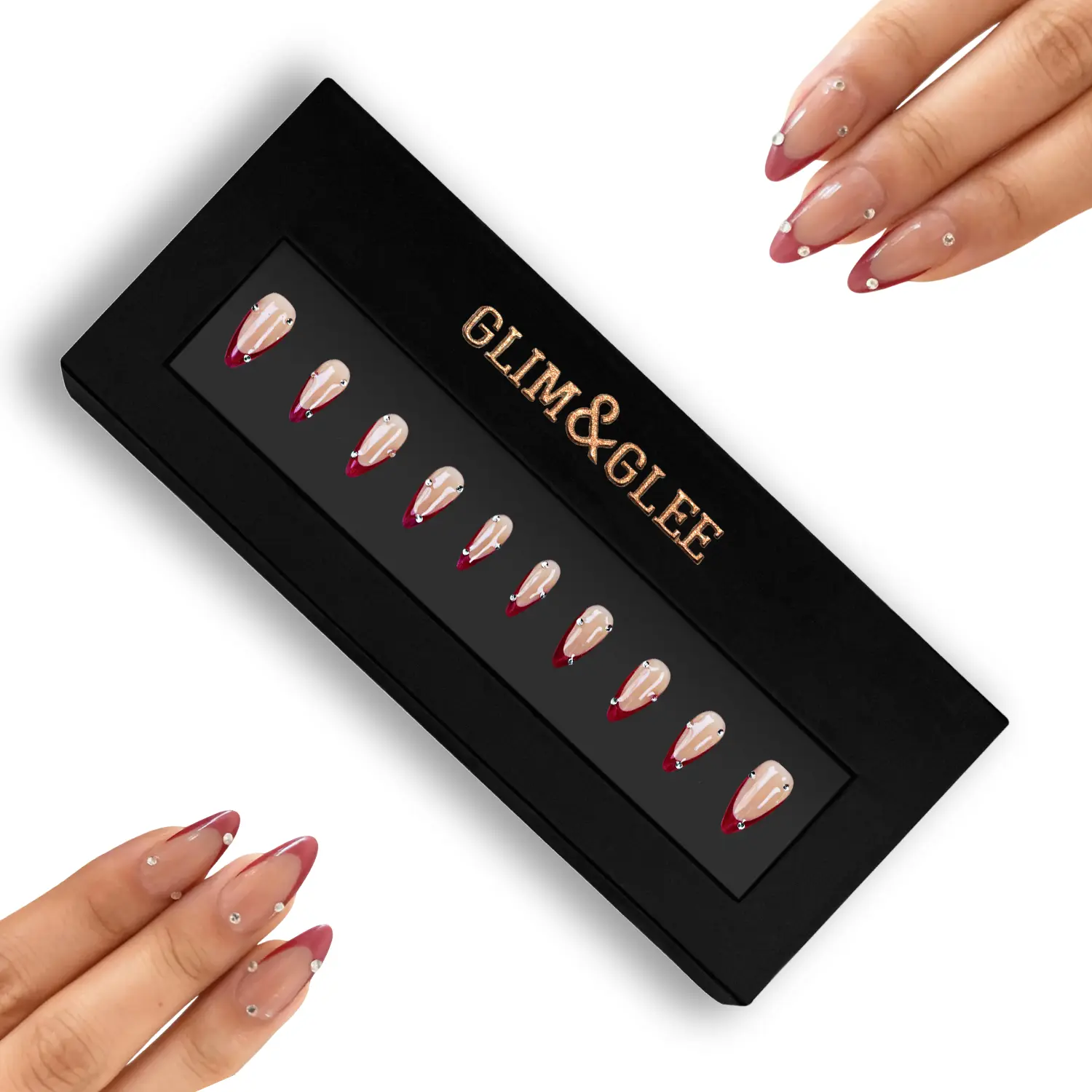Glim&Glee Handmade Stiletto Press-On Nails - Reusable Acrylic Nail Art Set, Press-On Easy, Burgundy Grad., Rhinestone Accents, Anti-Wrinkle, Elegant Salon Look, Cost-Effective Evening Wear Option, No Battery Needed, Black Gift Box Packaging