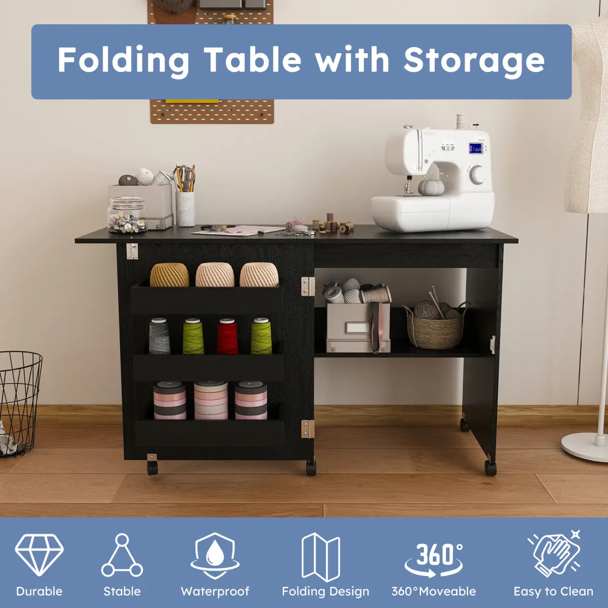 Black 45.67'' 4-in-1 Folding Sewing Table with Lockable Wheels – Multi-Functional Craft Station, End Table, Computer Desk & Kitchen Storage with Shelves, Rolling Sewing Machine Table for Apartments    RR