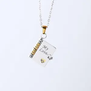 To My Wife from Husband Love Book Charm Pendant Anniversary Valentine's Day Jewelry Gift for Her with Custom Script Name Hypoallergenic Necklace Gold Plated Amulet