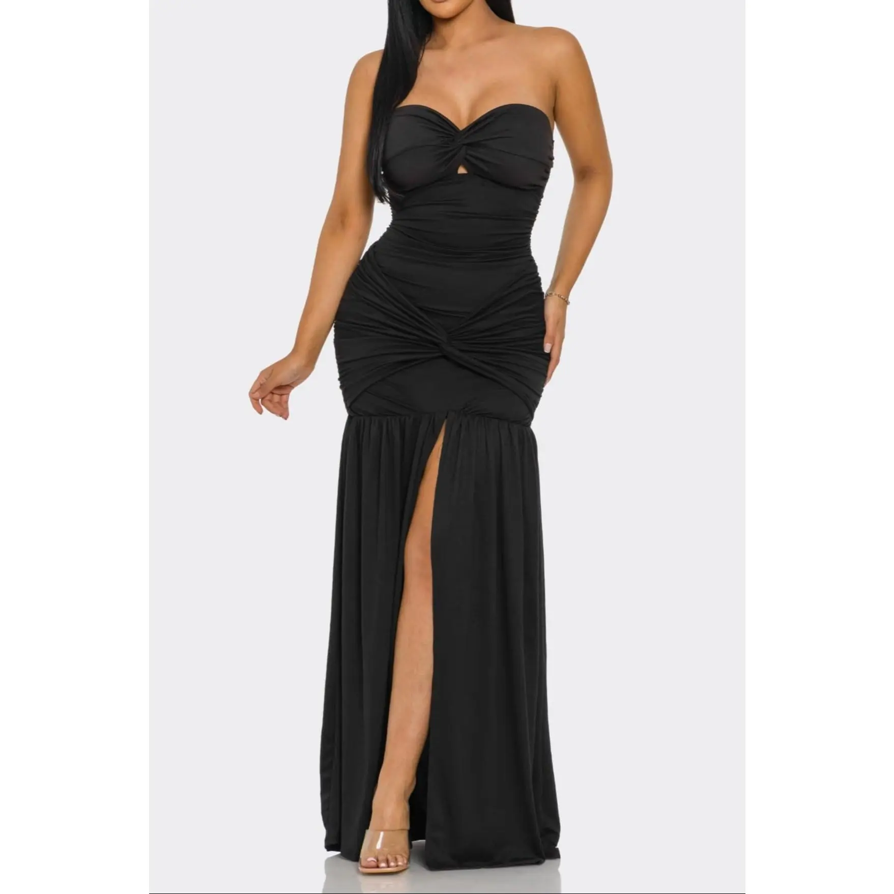 Midnight Allure Strapless Gown – Black | Formal High-Slit Maxi Dress