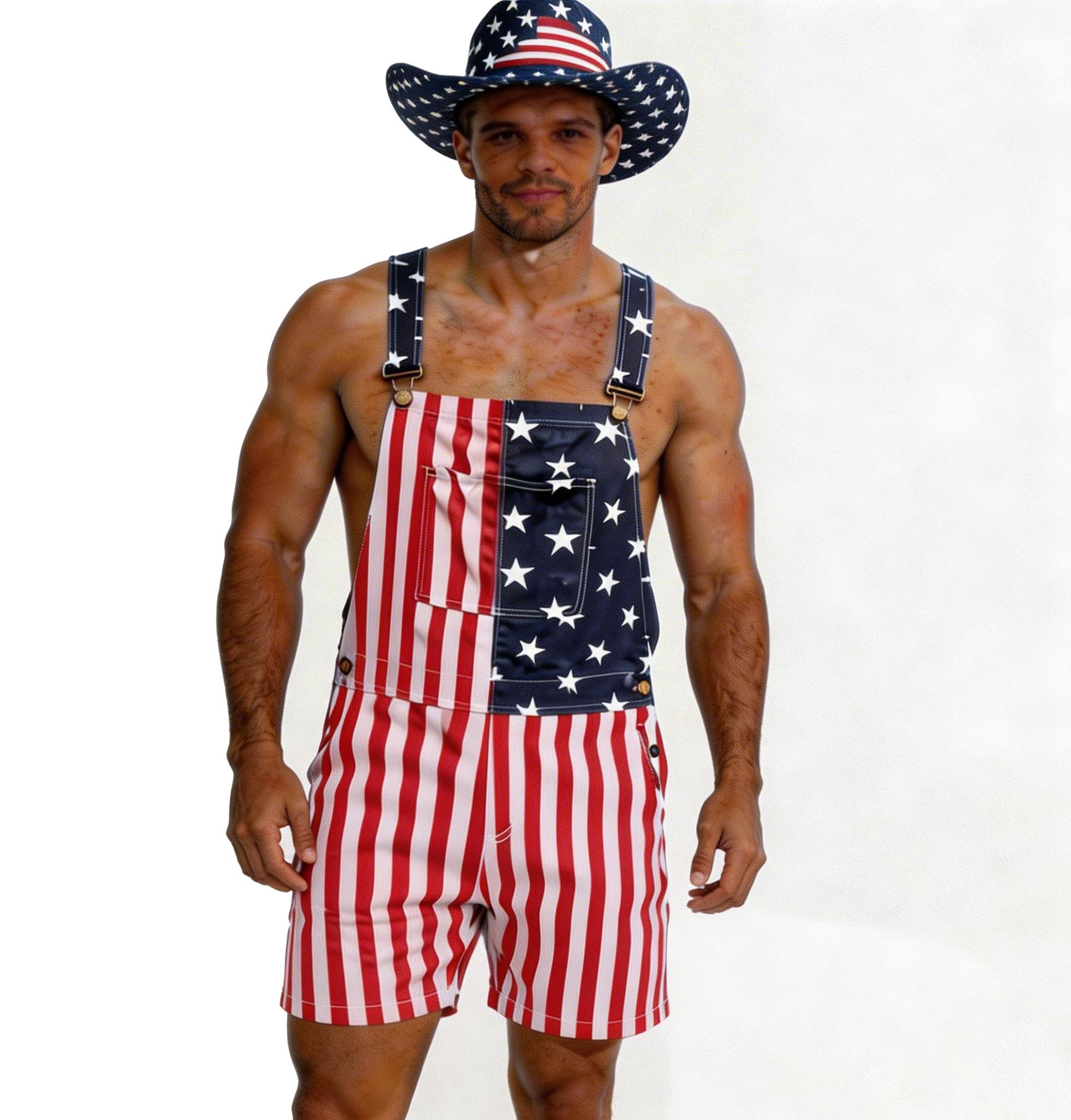 Men's and Women's American Flag Denim Overalls Stretch Shorts, Patriotic, Merica Menswear Suits Sleeveless