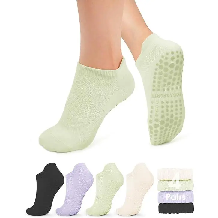 4 Pairs Women's Dry-Fit Low Cut Pilates Socks with Non-Slip Grip for Yoga, Barre, and Barefoot Workouts, Dry-Fit Low Cut Socks