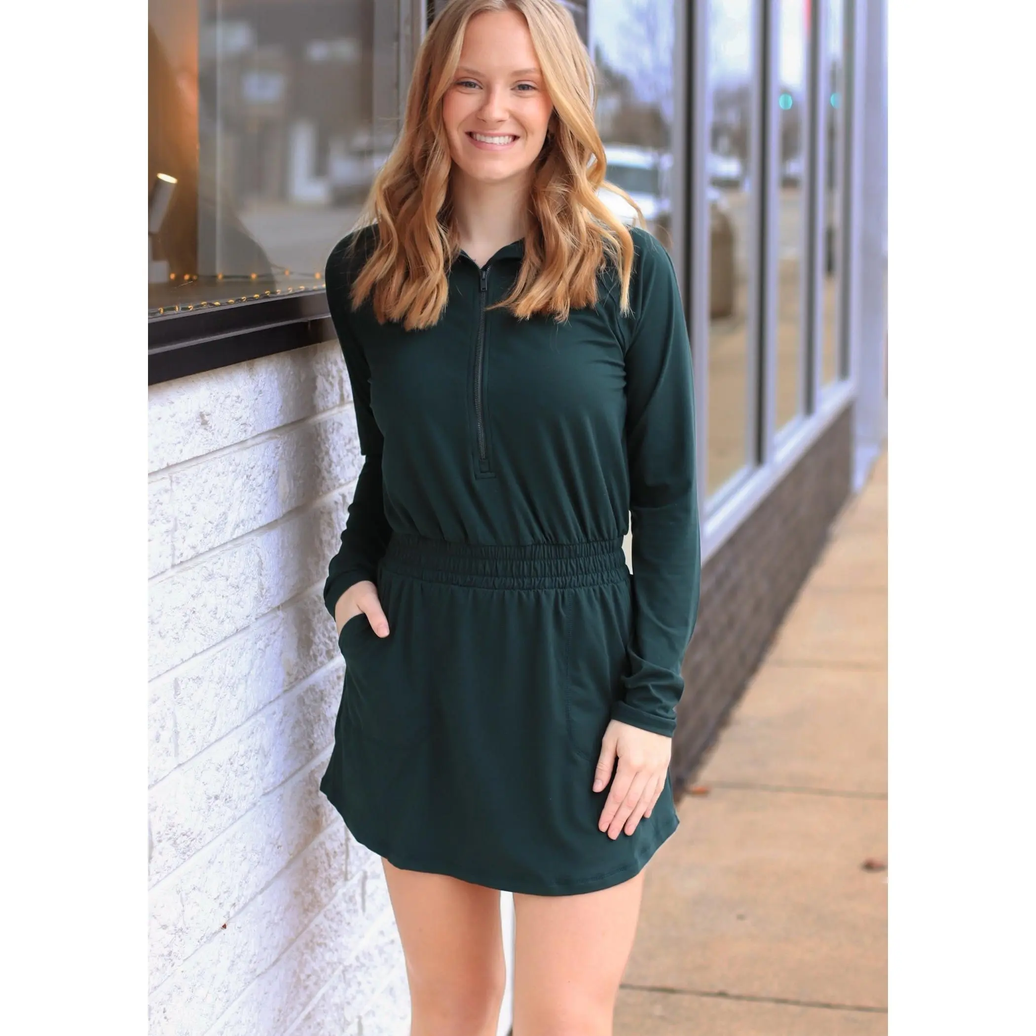 CLEARANCE FINAL SALE  Butter Soft Quarter Zip Romperskirt in Regency Green