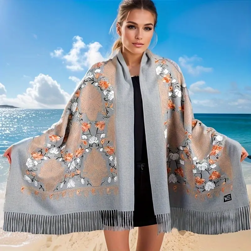 [Bohemian Charm] Bohemian Cashmere Shawl with Exquisite Hand-Embroidered Vine Flowers, Large Size, Warm and Stylish Wrap Scarf for Women, Perfect for Casual Outings, Embroidered Shawl