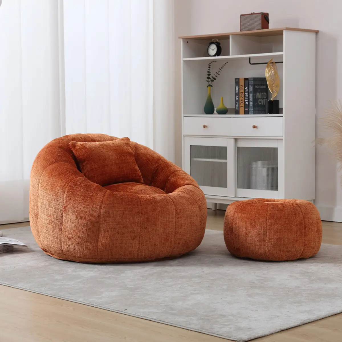 Modern Bean Bag Chairs, Comfy Round Chair Lazy Sofa for Adults with Ottoman, Leisure Single Sofa Reading Chair with Pillow for Living Room, Bedroom, Apartment