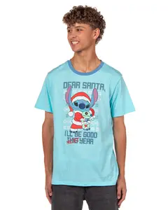Disney Stitch T-Shirt Men's Dear Santa I'll Be Good Next Year Adult Short Sleeve Ringer Tee
