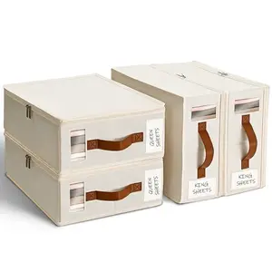 TAYTUU 4/8 Pack Classic Rectangle Linen Fabric Storage Organizer Boxes, Foldable Closet Organization Containers with Carry Handle, Transparent Window for Queen/King Duvet Covers, Pillowcases, Clothes