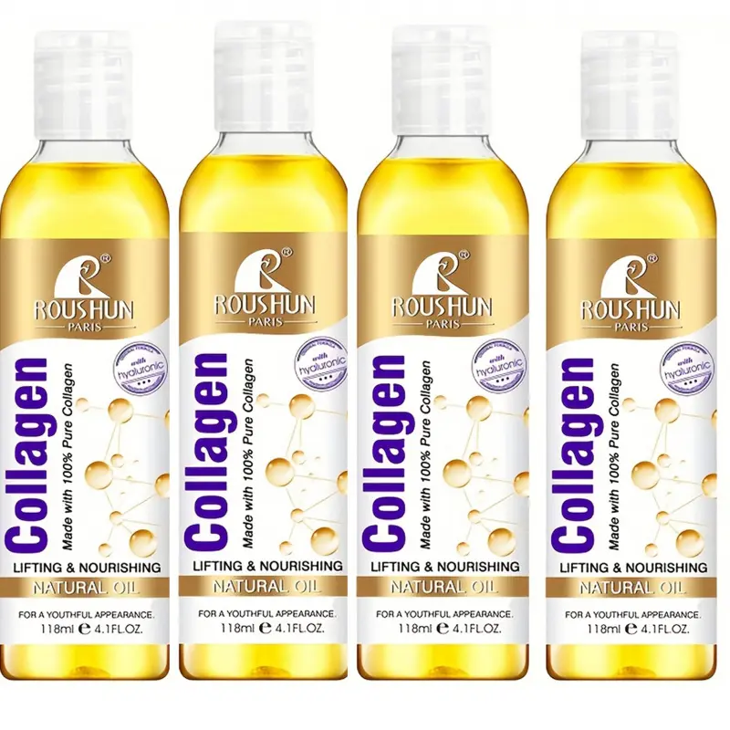 4pcs 118ml ROUSHUN collagen Moisturizing Body Oils, Body Oil Moisturizer, moisturizes and nourishes the skin with a large capacity of whole body essential oil suitable for men and women in all seasons, Portable for body, face, hand, travel